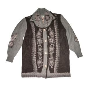 NOS 80's Vintage Gray & Black Angora Sweater Coat Size L Applique & Beading